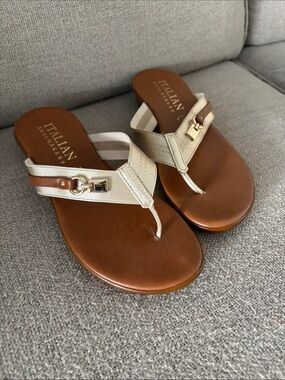 Italian Shoemakers Brown Footbed with gold and Tan Straps Thong Sandals